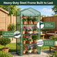 A freestanding greenhouse with a green mesh body and dark steel frame stands in a backyard garden setting. The image includes callout circles with text reading '16 Clips Hold Shelves Secure,' '5/8-Inch Steel Frame,' and 'Holds Up to 22 Lbs Each,' plus the headline 'Heavy-Duty Steel Frame Built to Last.