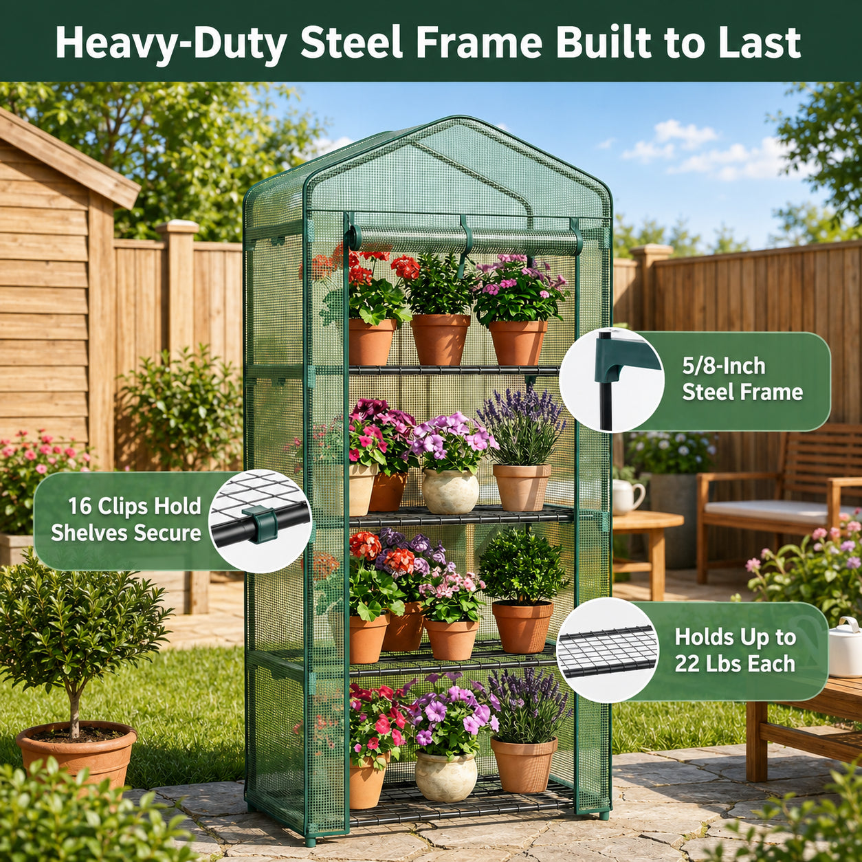 A freestanding greenhouse with a green mesh body and dark steel frame stands in a backyard garden setting. The image includes callout circles with text reading '16 Clips Hold Shelves Secure,' '5/8-Inch Steel Frame,' and 'Holds Up to 22 Lbs Each,' plus the headline 'Heavy-Duty Steel Frame Built to Last.