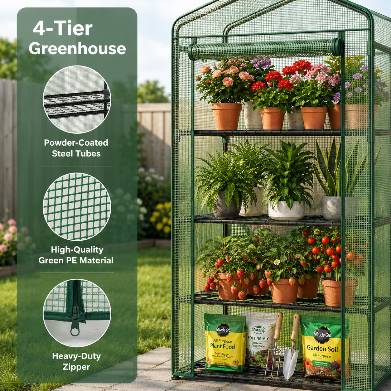 A green 4-tier greenhouse with a wire mesh enclosure, shown outdoors on a patio with potted flowers, plants, and gardening supplies. A vertical text panel on the left highlights features like powder-coated steel tubes, high-quality green PE material, and a heavy-duty zipper.