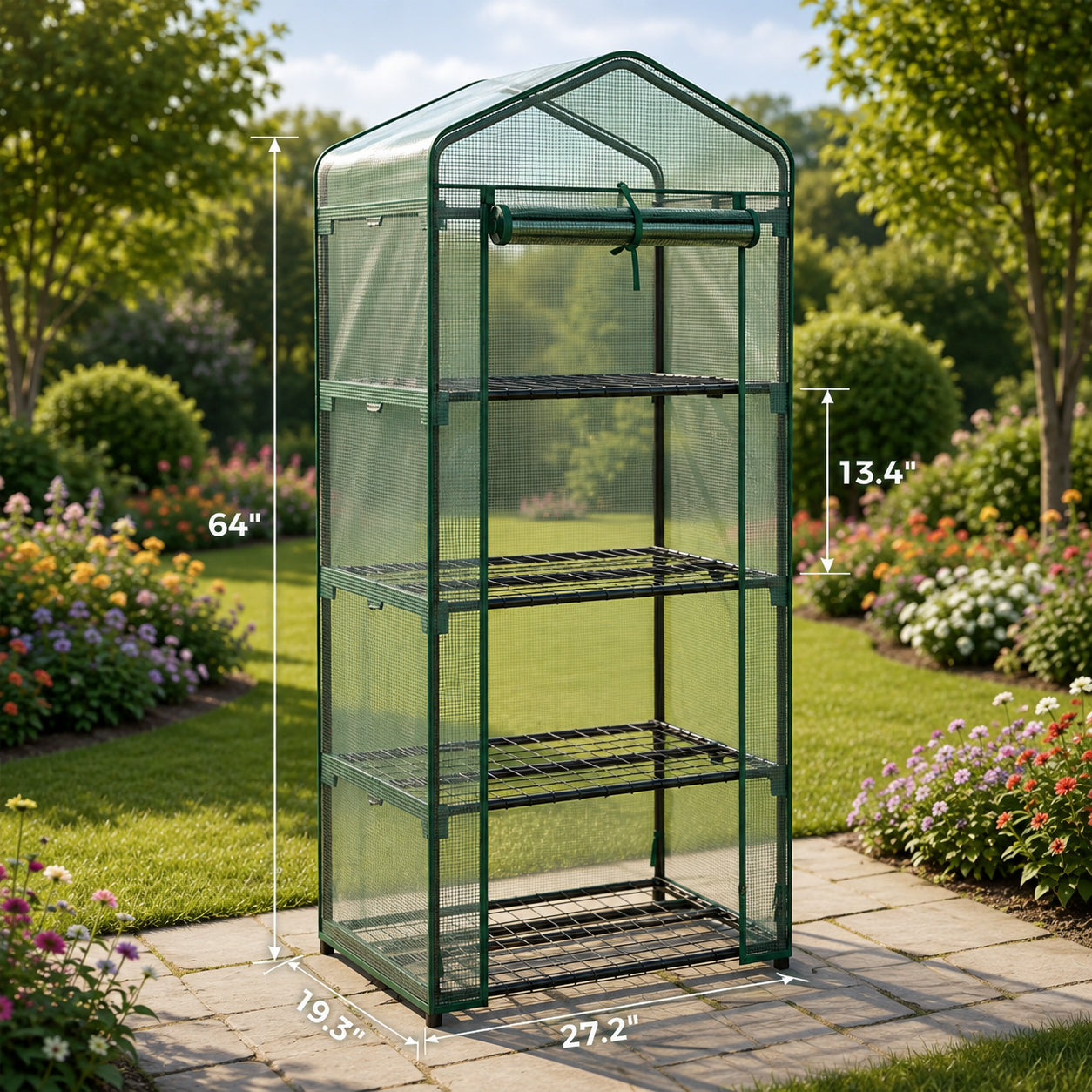 A green metal and mesh portable garden stand with three wire shelves, shown outdoors on a stone walkway in a landscaped garden. White dimension lines and text indicate height, width, and depth measurements.