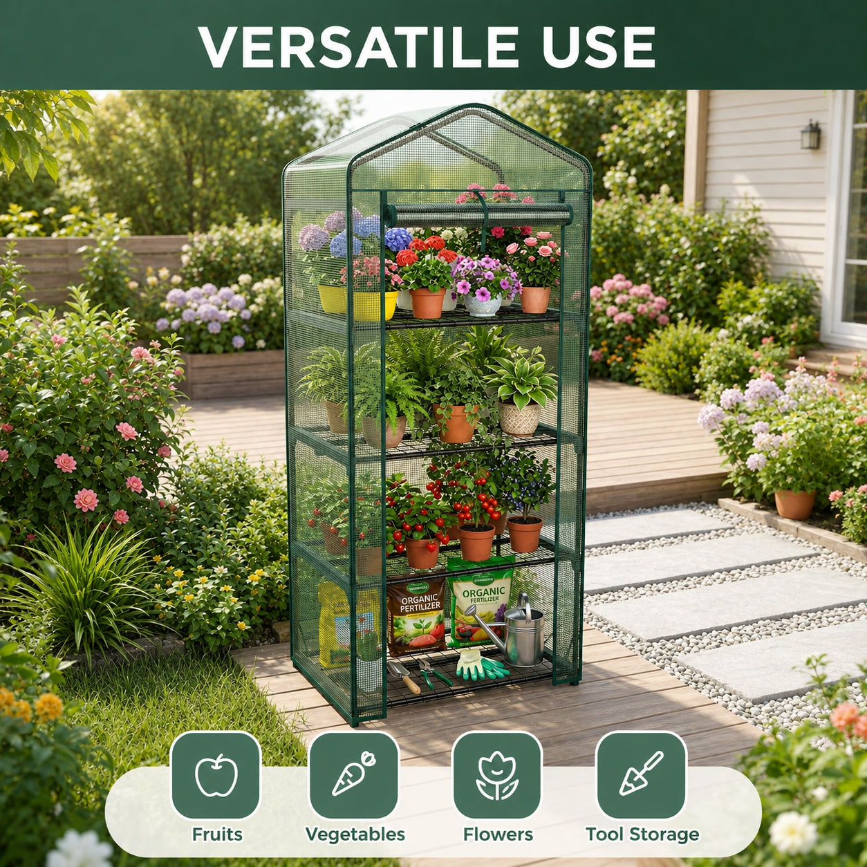 A freestanding multi-tier greenhouse with a transparent green frame stands on a wooden deck in a landscaped garden. The greenhouse holds several potted flowers, vegetables, and gardening tools.