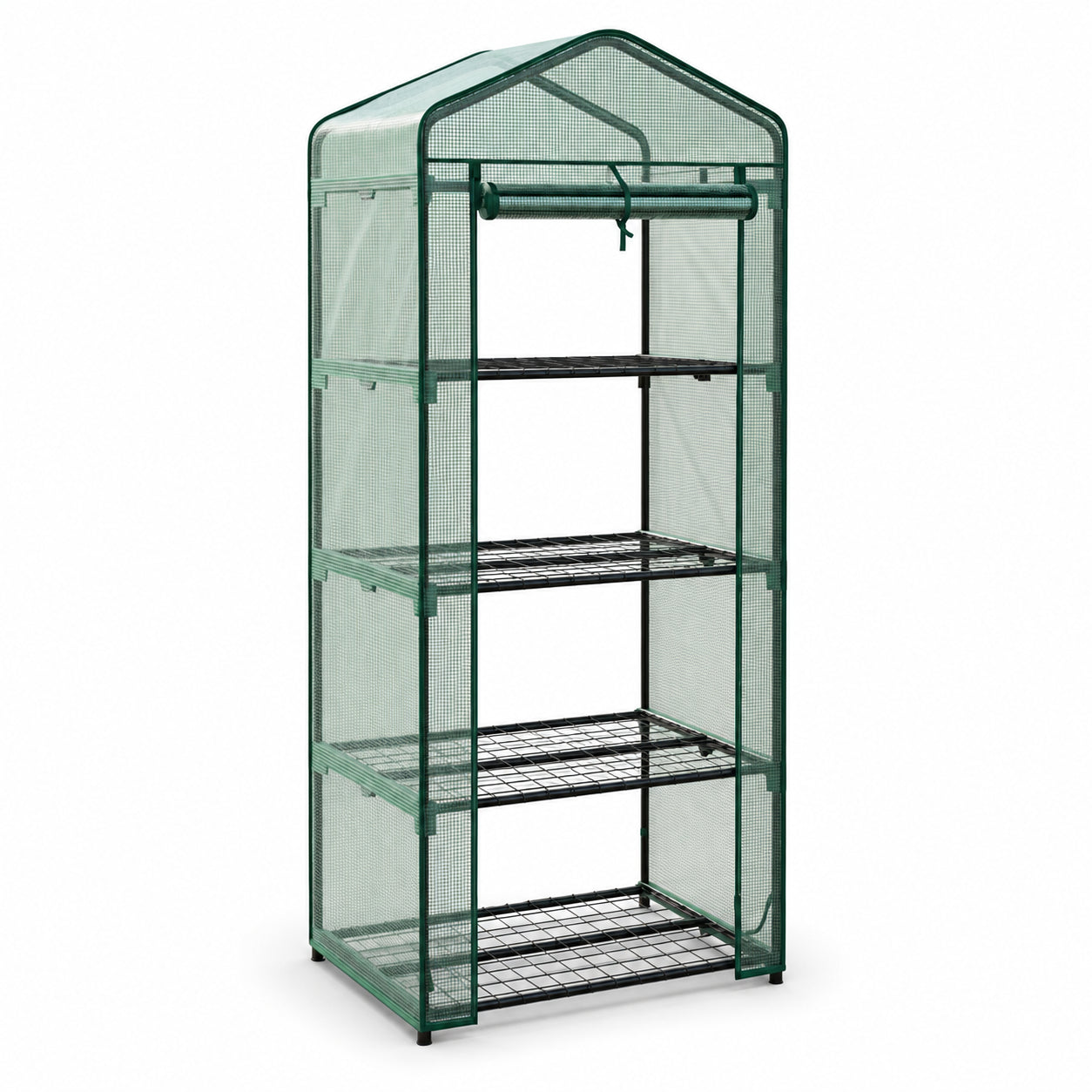 A green portable mini greenhouse with a wire mesh structure, featuring four adjustable shelves and a hanging rod under the roof, shown on a solid white background.