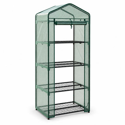 A green portable mini greenhouse with a wire mesh structure, featuring four adjustable shelves and a hanging rod under the roof, shown on a solid white background.