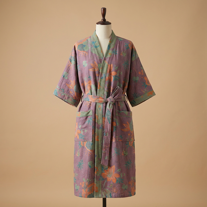 Ladies' Kimono Bathrobe with Botanical Pattern in Organic Cotton