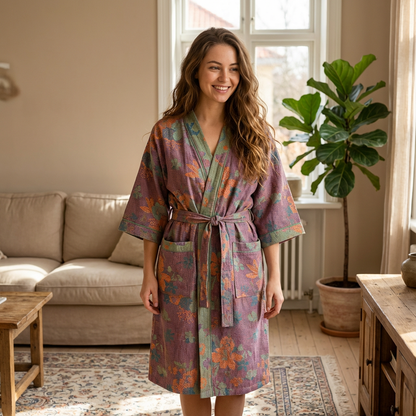 Ladies' Kimono Bathrobe with Botanical Pattern in Organic Cotton