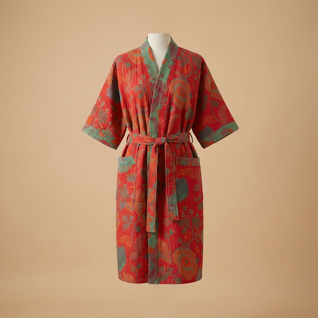 Ladies' Kimono Bathrobe with Botanical Pattern in Organic Cotton