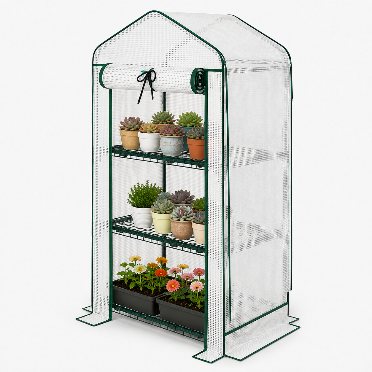 Compact 3-tier greenhouse with steel frame, PE cover and plant shelves