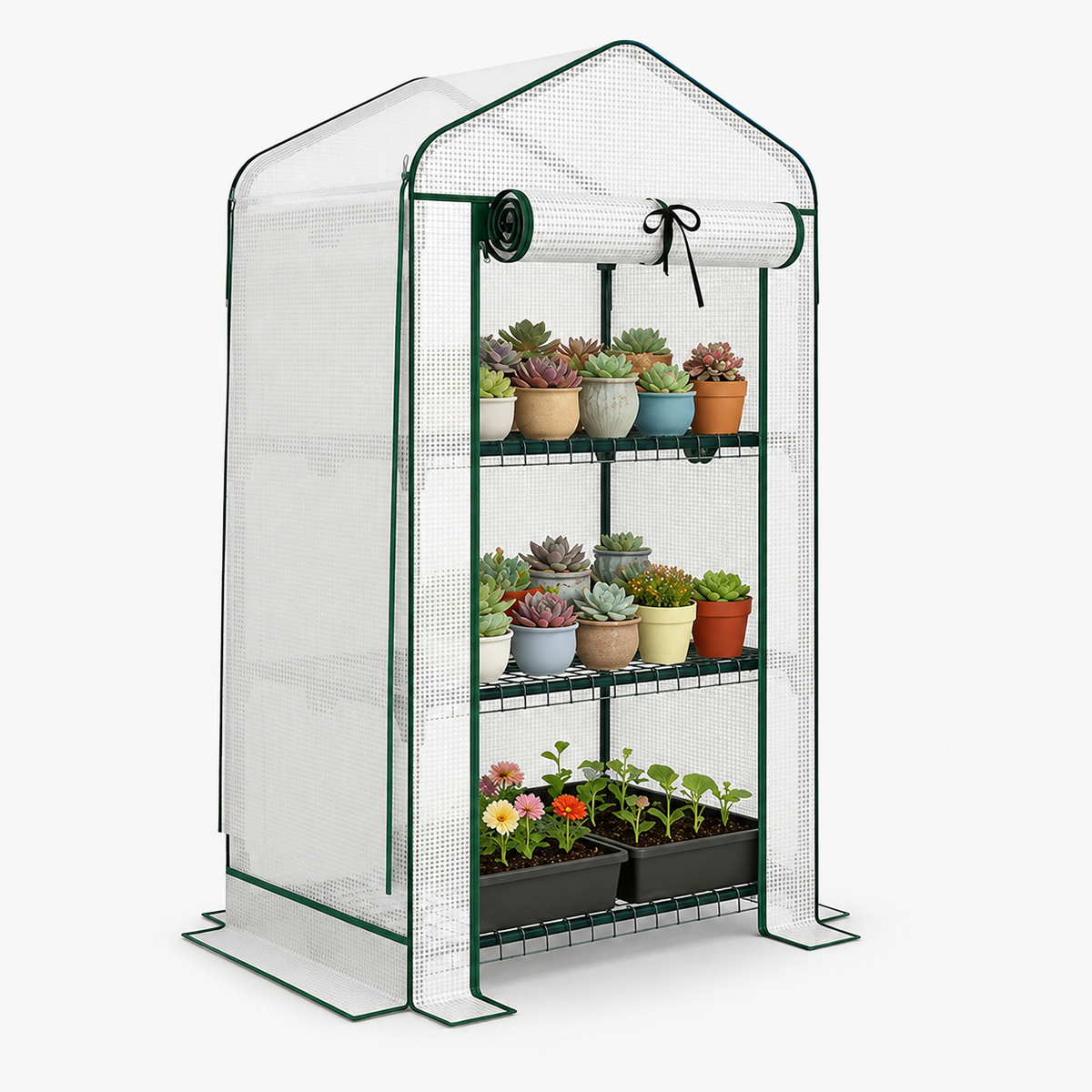 3-tier mini greenhouse with mesh roof, PE cover and plant shelves