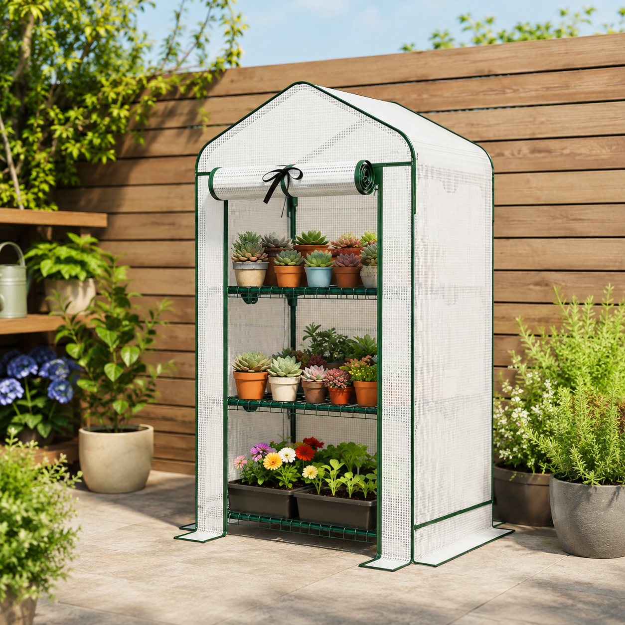 3-tier mini greenhouse on patio with plants and PE cover