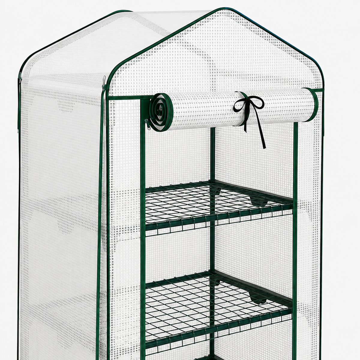 Mini greenhouse wire shelves, mesh roof and roll-up zippered door