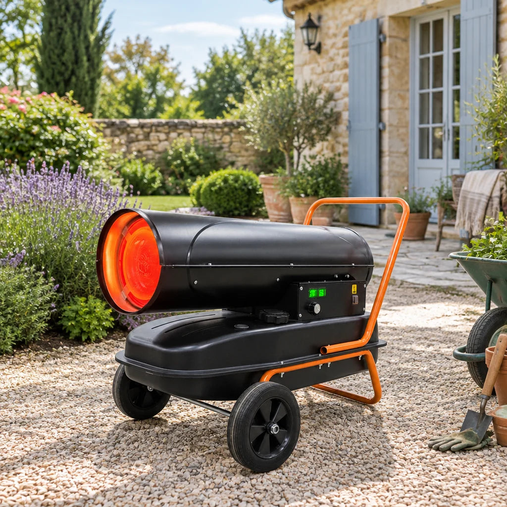 Canon à chaleur diesel 30 kW avec thermostat et roues – mise en situation