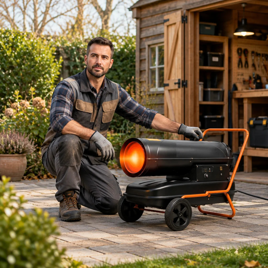 Canon à chaleur diesel 30 kW avec thermostat et roues – vue en utilisation
