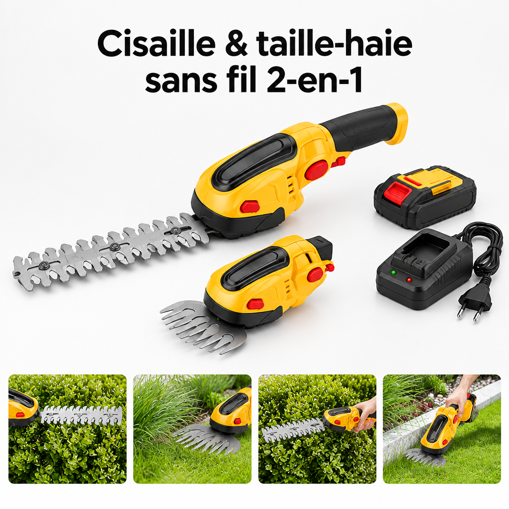 Cisaille et taille-haie sans fil jaune 2-en-1 - vue principale