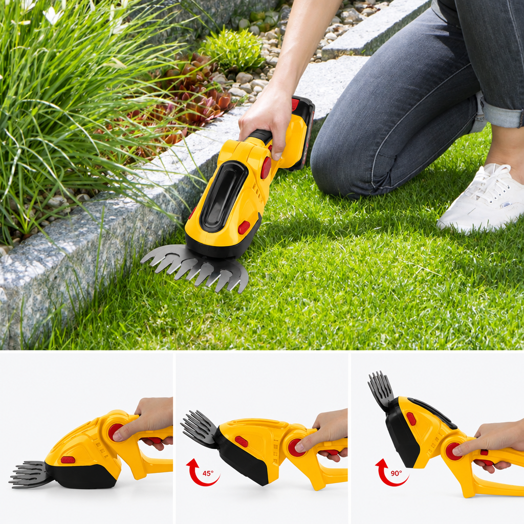 Cisaille sans fil jaune en utilisation au jardin
