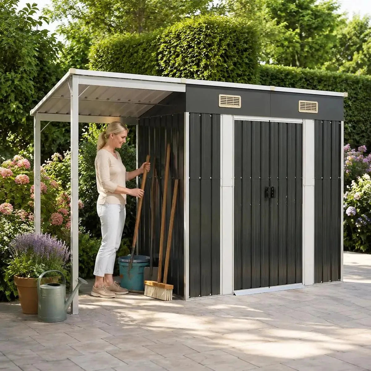 Abri de jardin métal 277 × 107 × 181 cm avec auvent – vue principale