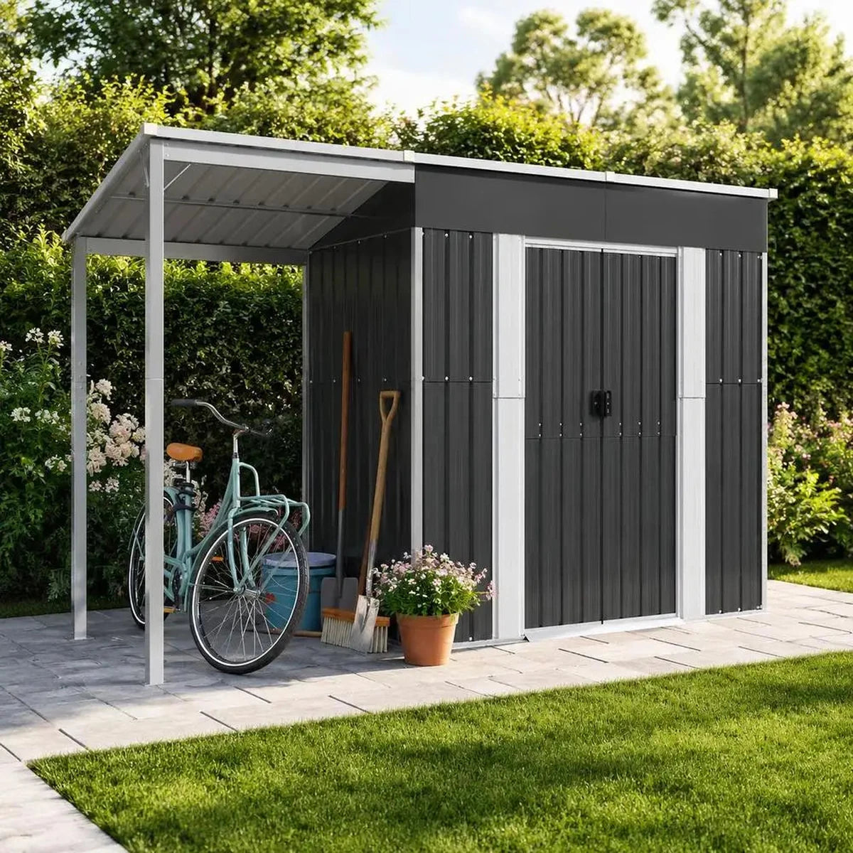 Abri de jardin métal 277 × 107 × 181 cm avec auvent – rangement dans le jardin