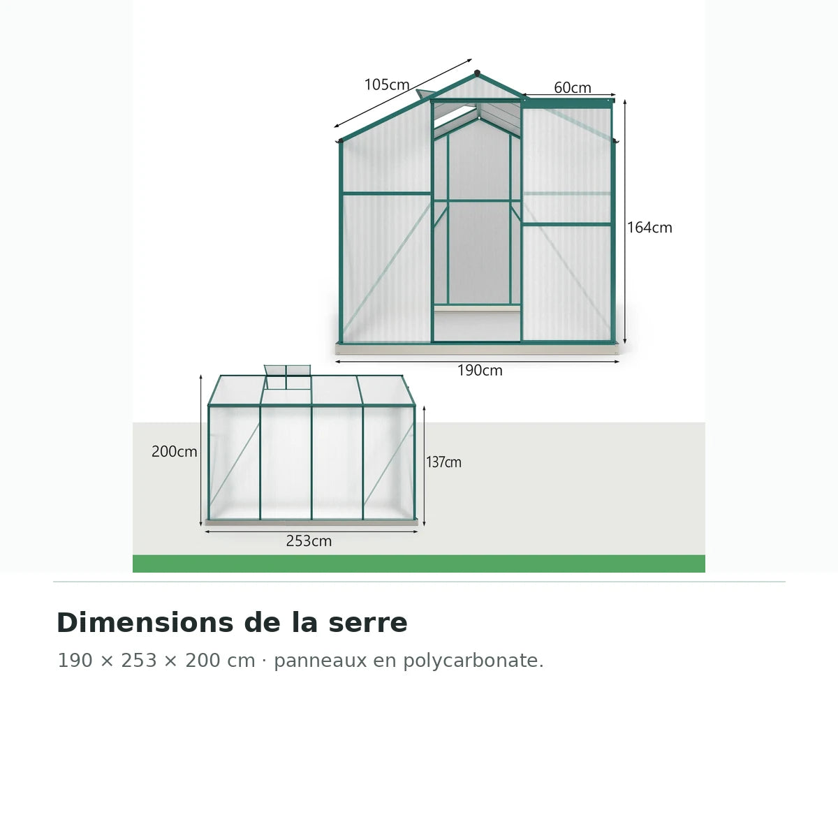 Serre de jardin polycarbonate 4,8 m² avec cadre aluminium – dimensions 190 × 253 × 200 cm