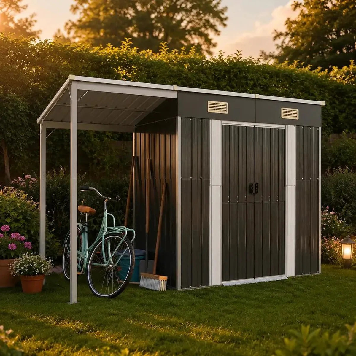 Abri de jardin métal 277 × 107 × 181 cm avec auvent – vue de soirée