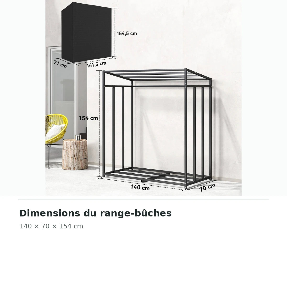 Abri à bûches extérieur 140 × 70 × 154 cm avec housse – dimensions en cm