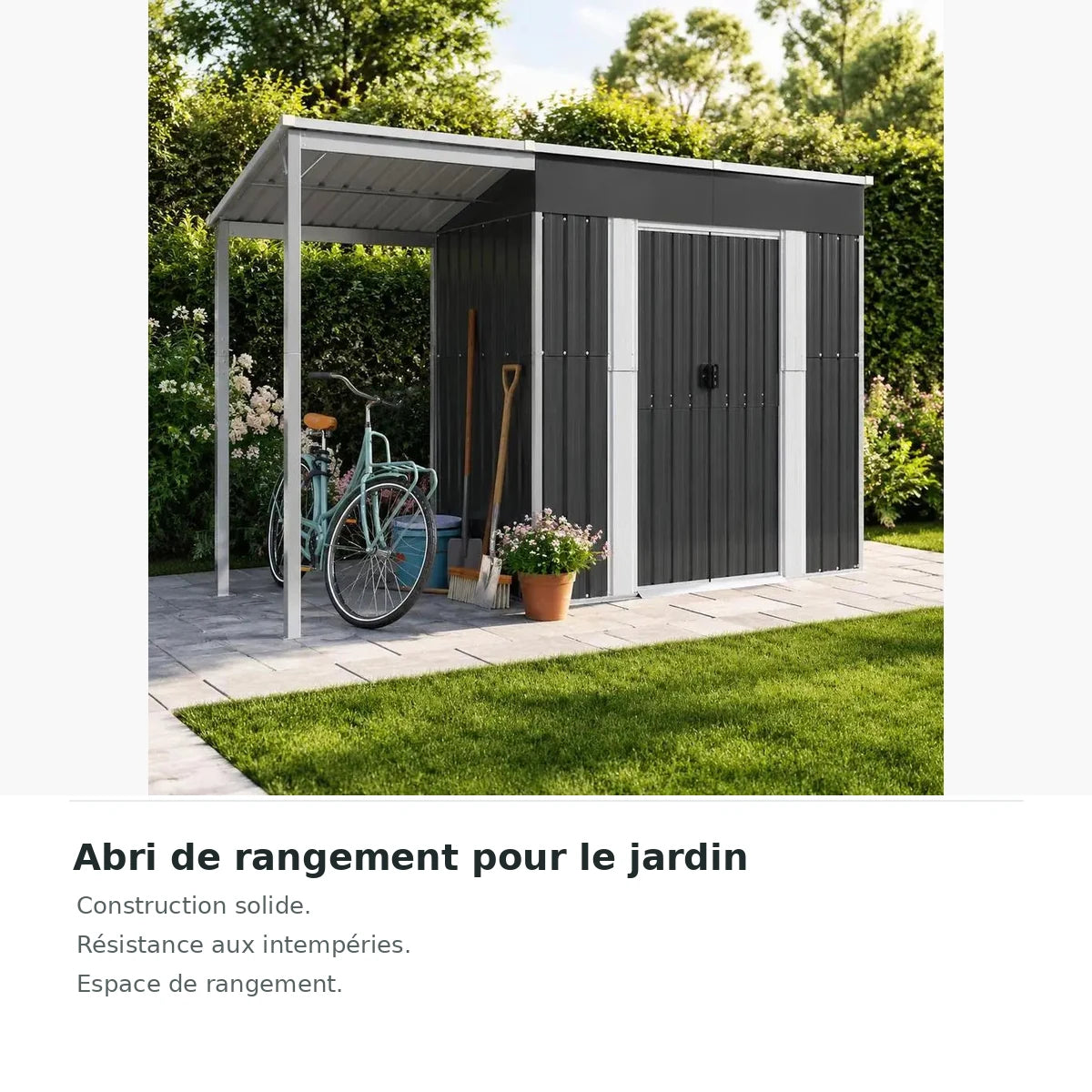 Abri de jardin métal 277 × 107 × 181 cm avec auvent – espace de rangement