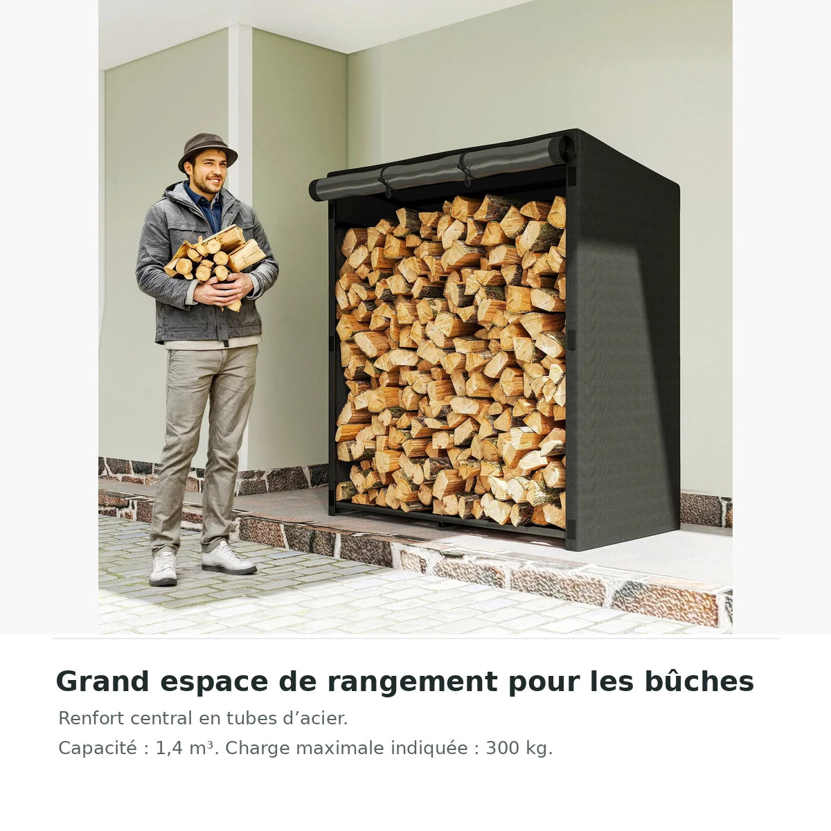 Abri à bûches extérieur 140 × 70 × 154 cm avec housse – capacité de rangement