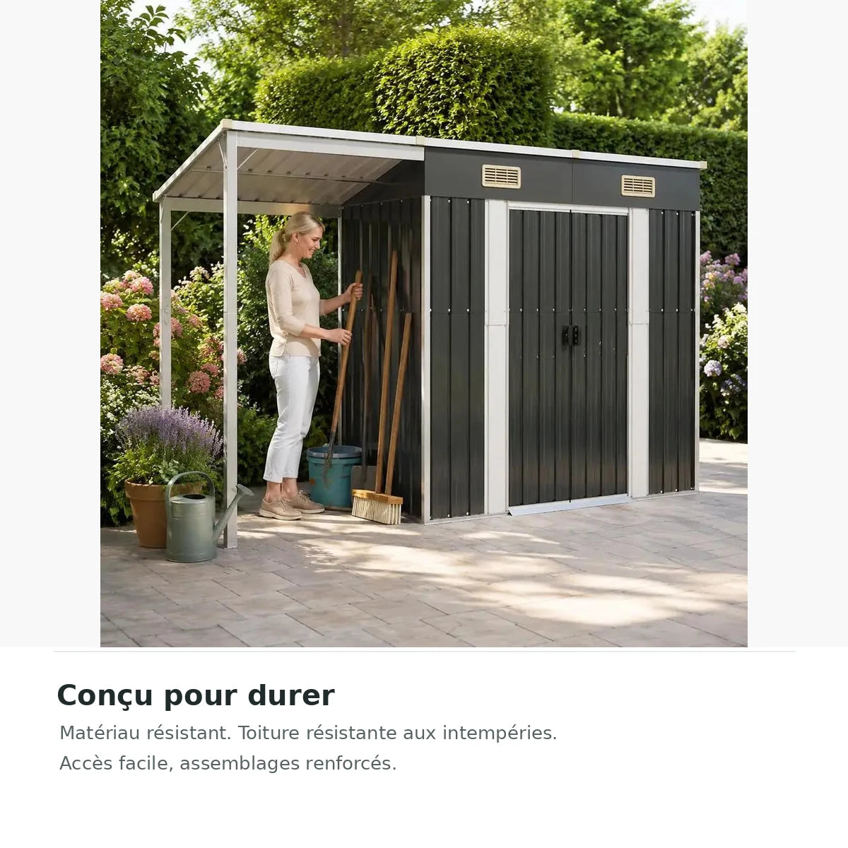 Abri de jardin métal 277 × 107 × 181 cm avec auvent – matériaux et structure