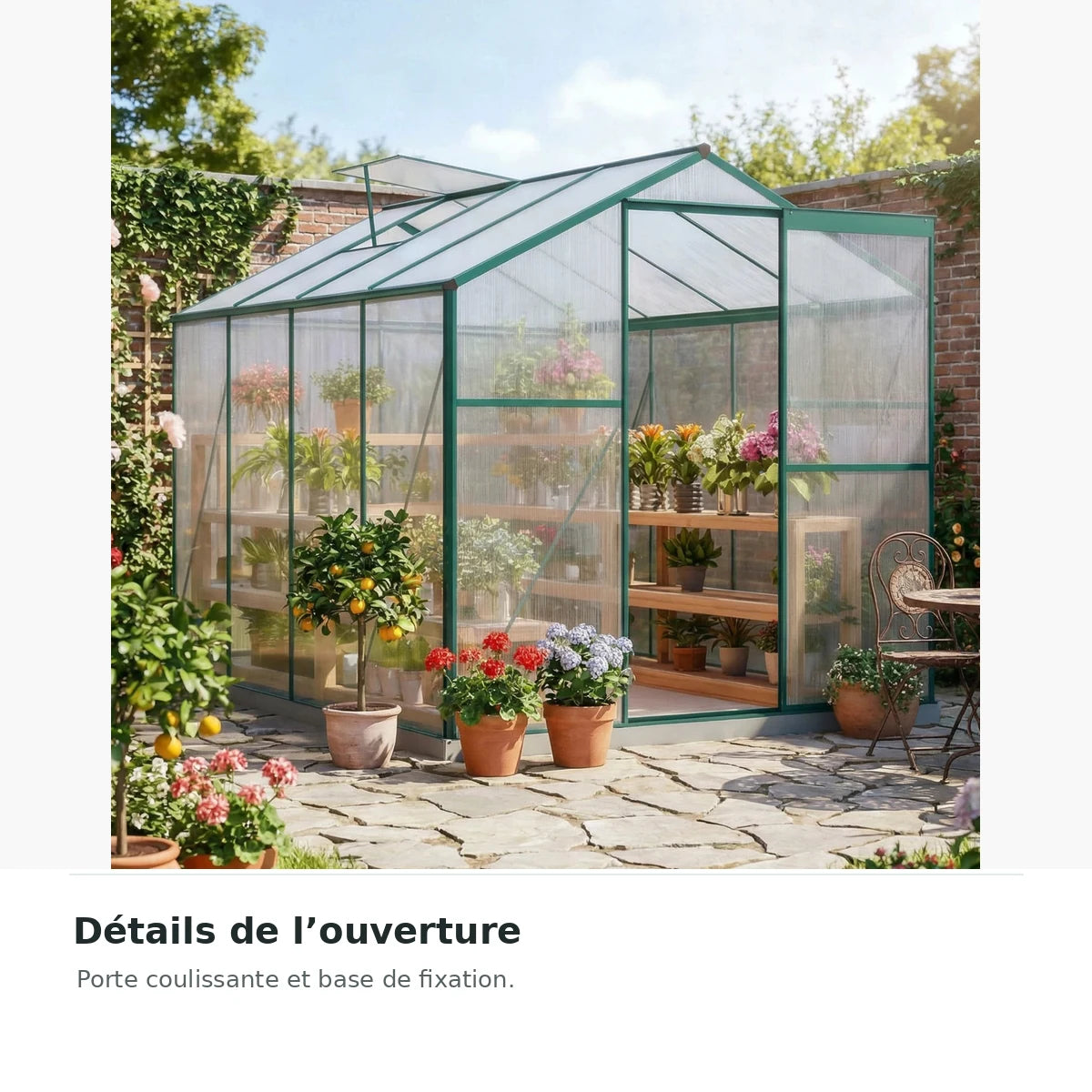 Serre de jardin polycarbonate 4,8 m² avec cadre aluminium – porte coulissante et base
