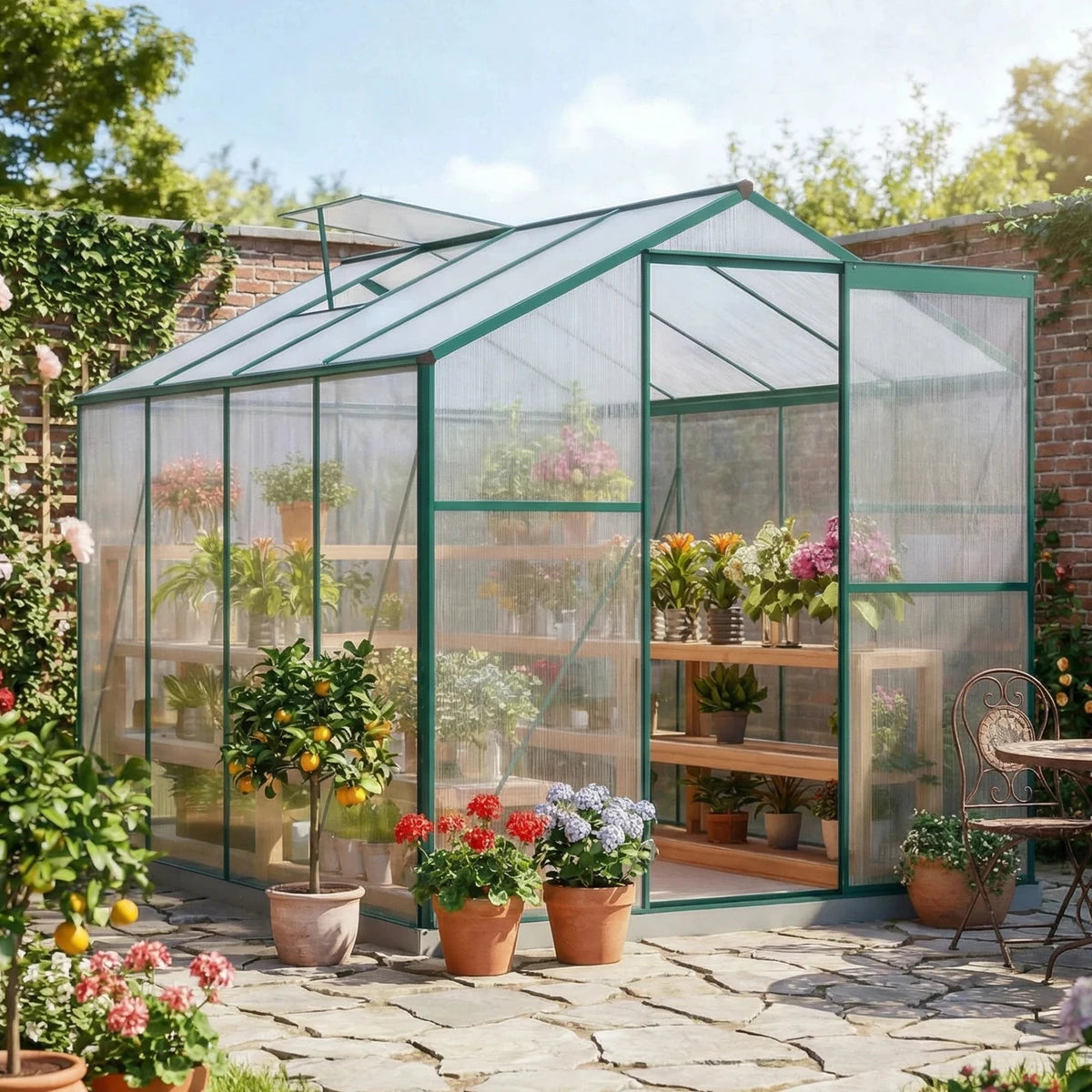 Serre de jardin polycarbonate 4,8 m² avec cadre aluminium – serre en situation au jardin