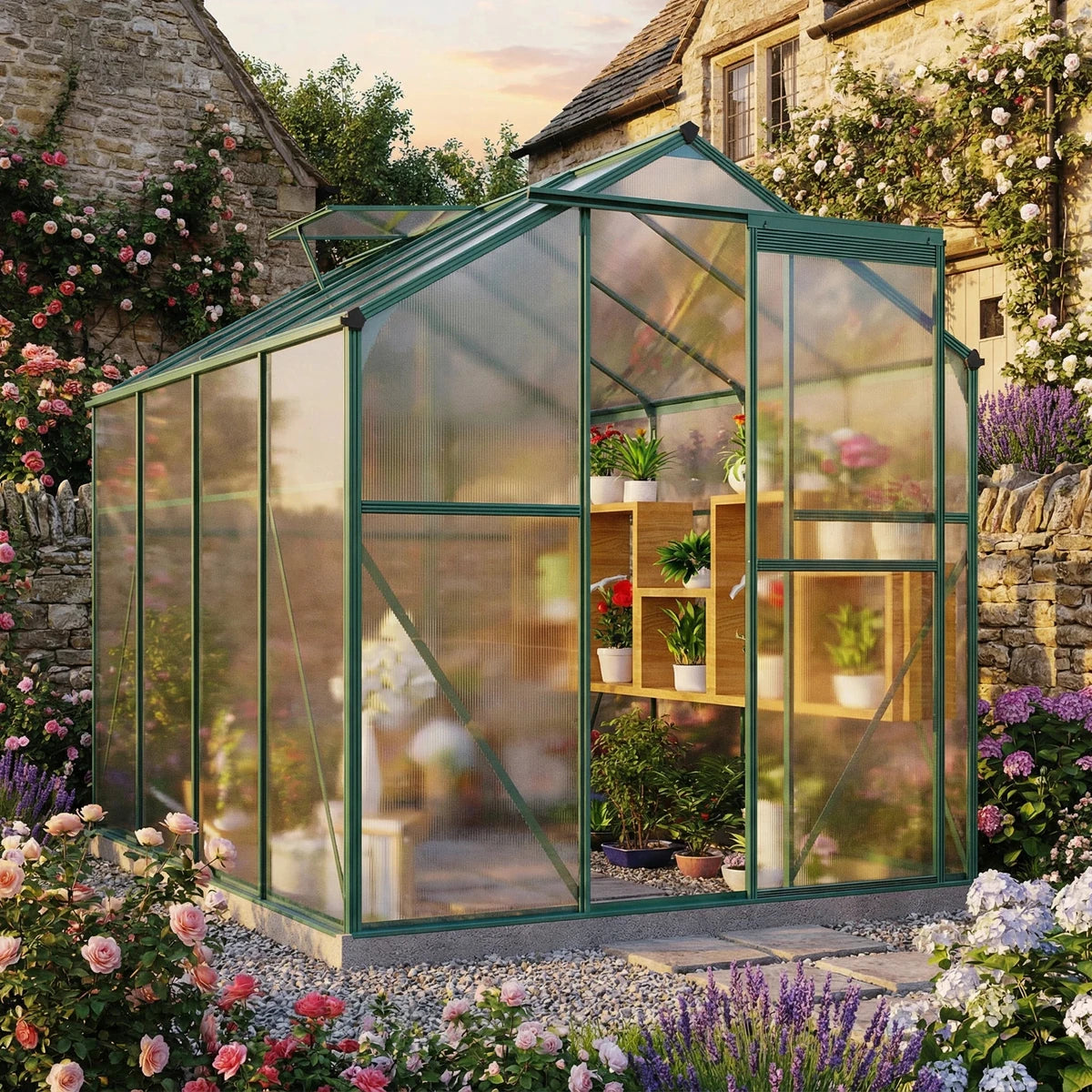 Serre de jardin polycarbonate 4,8 m² avec cadre aluminium – vue au soleil