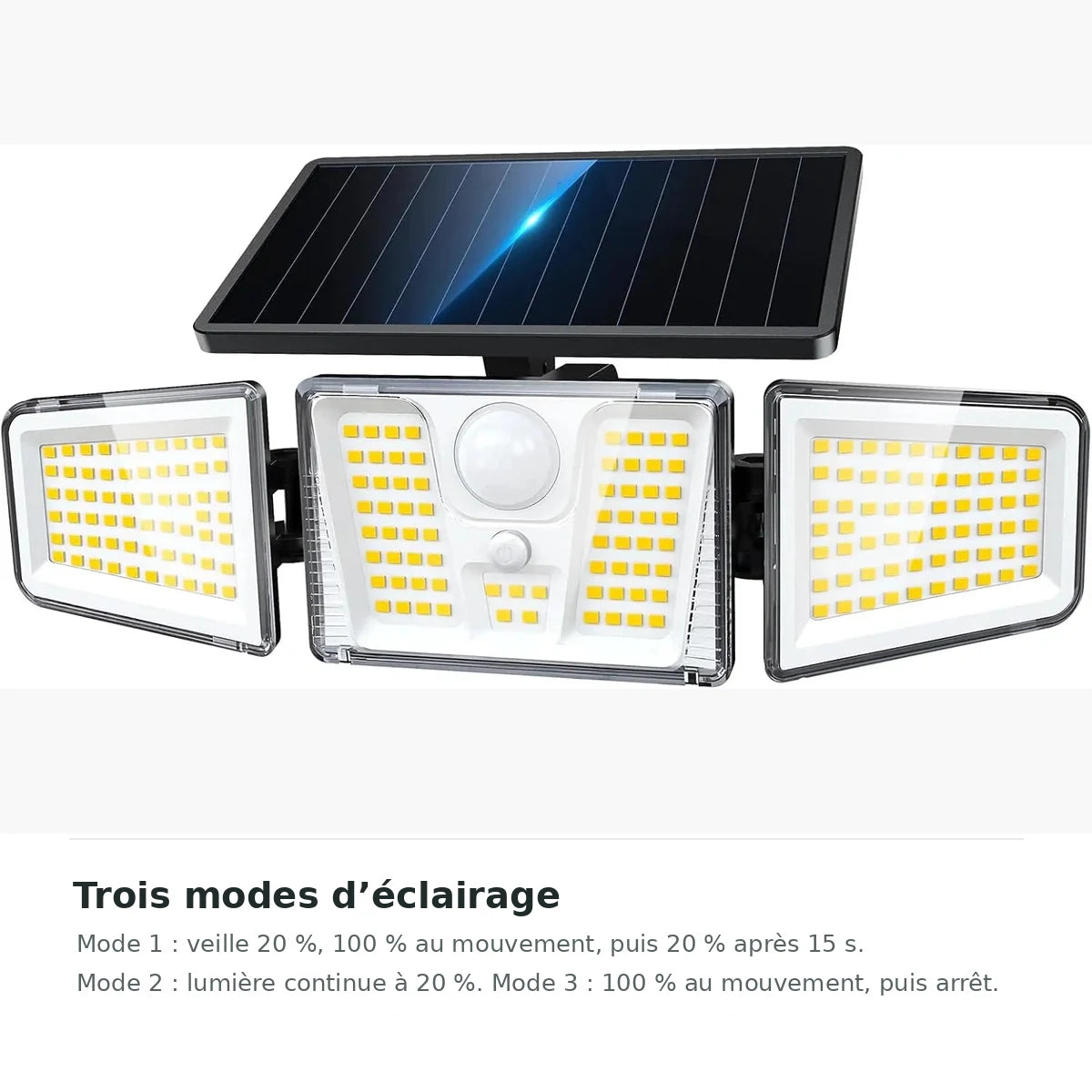 Projecteur solaire extérieur 210 LED avec détecteur de mouvement – trois modes de fonctionnement