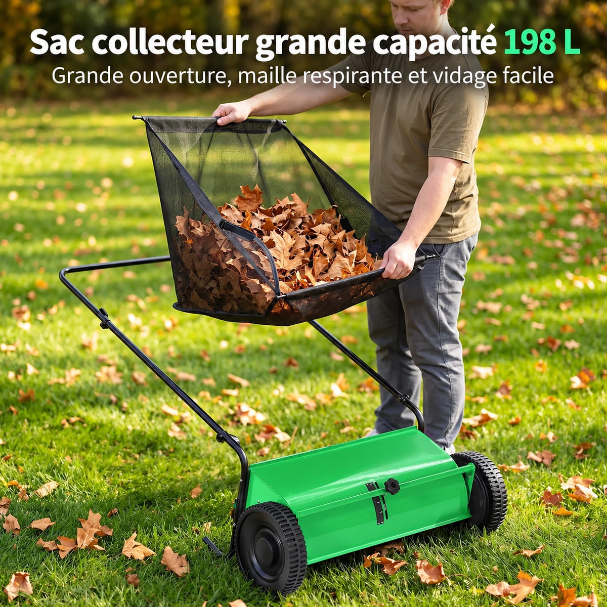 Balayeuse à gazon – sac collecteur 198 L pour ramasser les feuilles