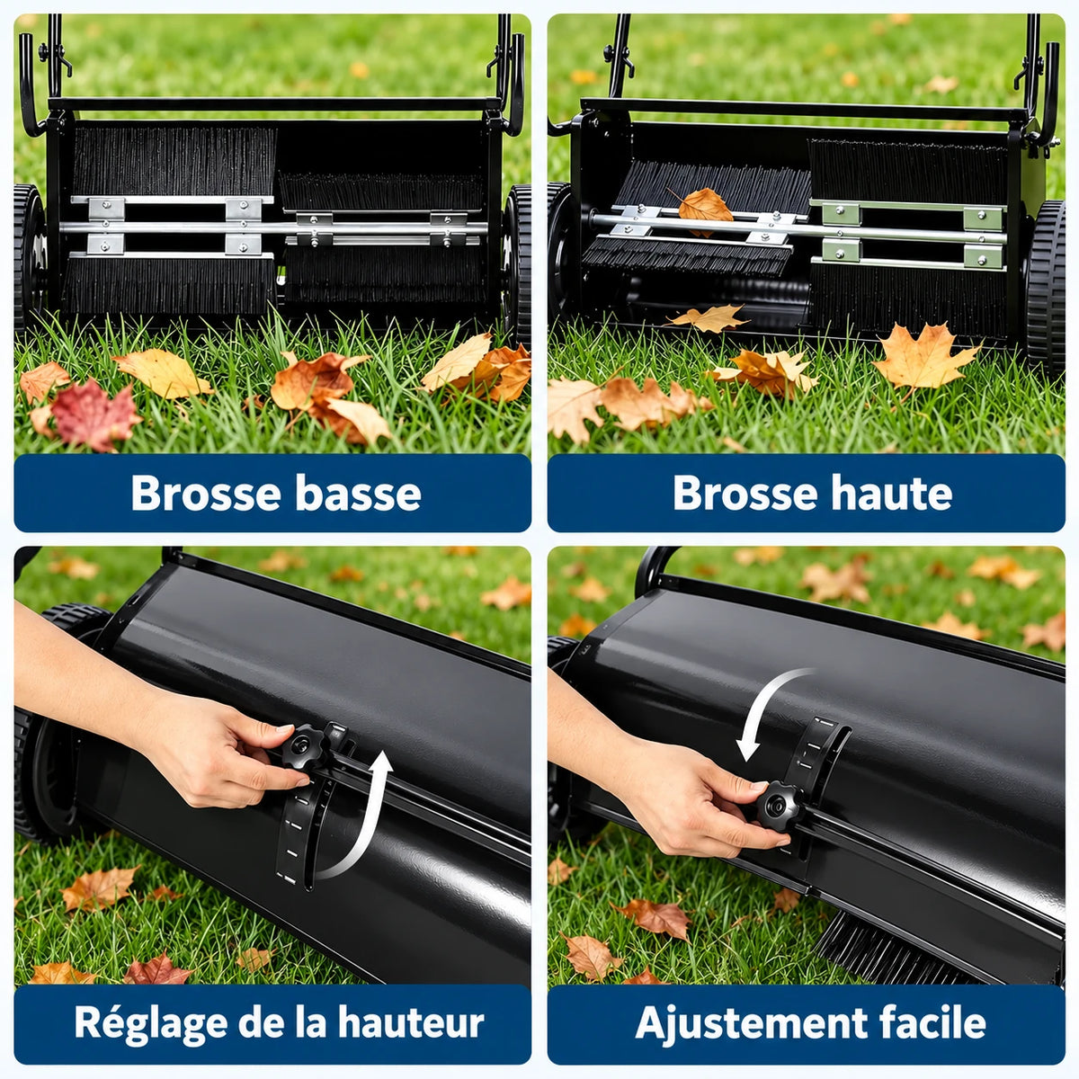 Balayeuse manuelle – détail du réglage en hauteur des brosses rotatives