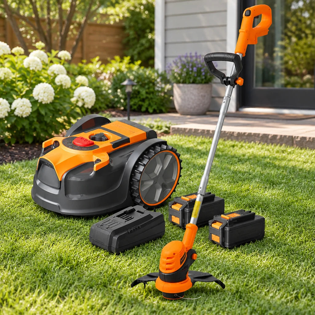 Kit robot tondeuse sans fil périmétrique avec coupe-bordures 24 V – mise en situation
