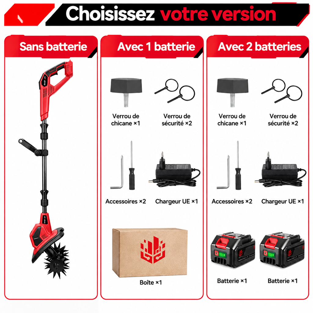 Versions de la motobineuse avec ou sans batterie