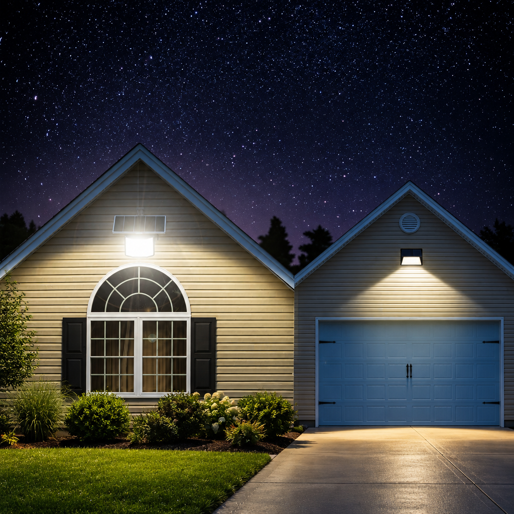 Projecteur solaire éclairant un extérieur de nuit