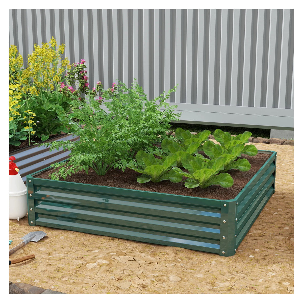 Galvanized steel raised garden bed – corrugated panels in an outdoor garden