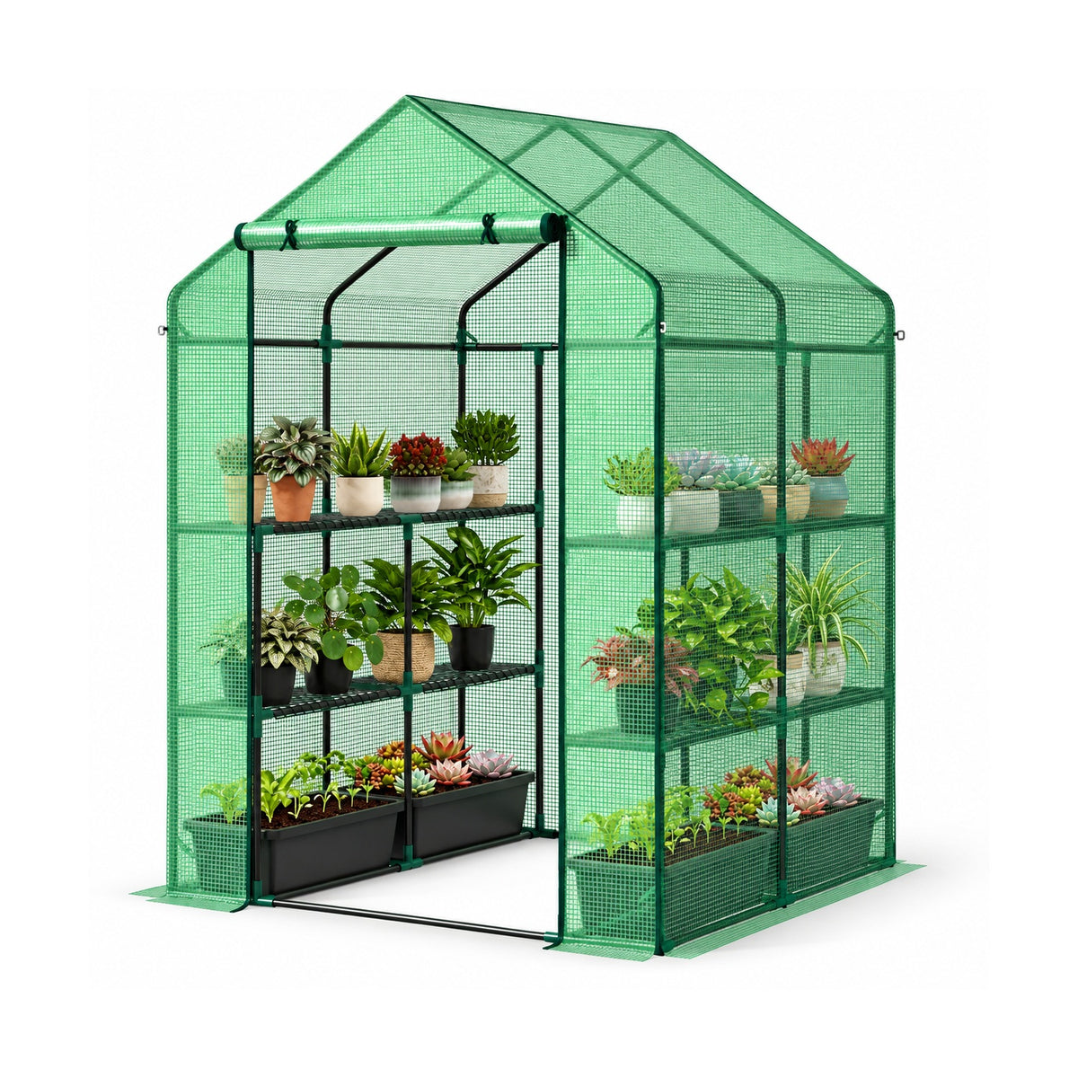 Walk-in greenhouse with shelves – opposite product angle