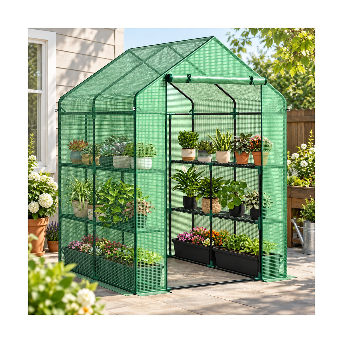 Walk-in greenhouse with shelves – patio growing setup