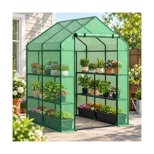Walk-in greenhouse with shelves – patio growing setup