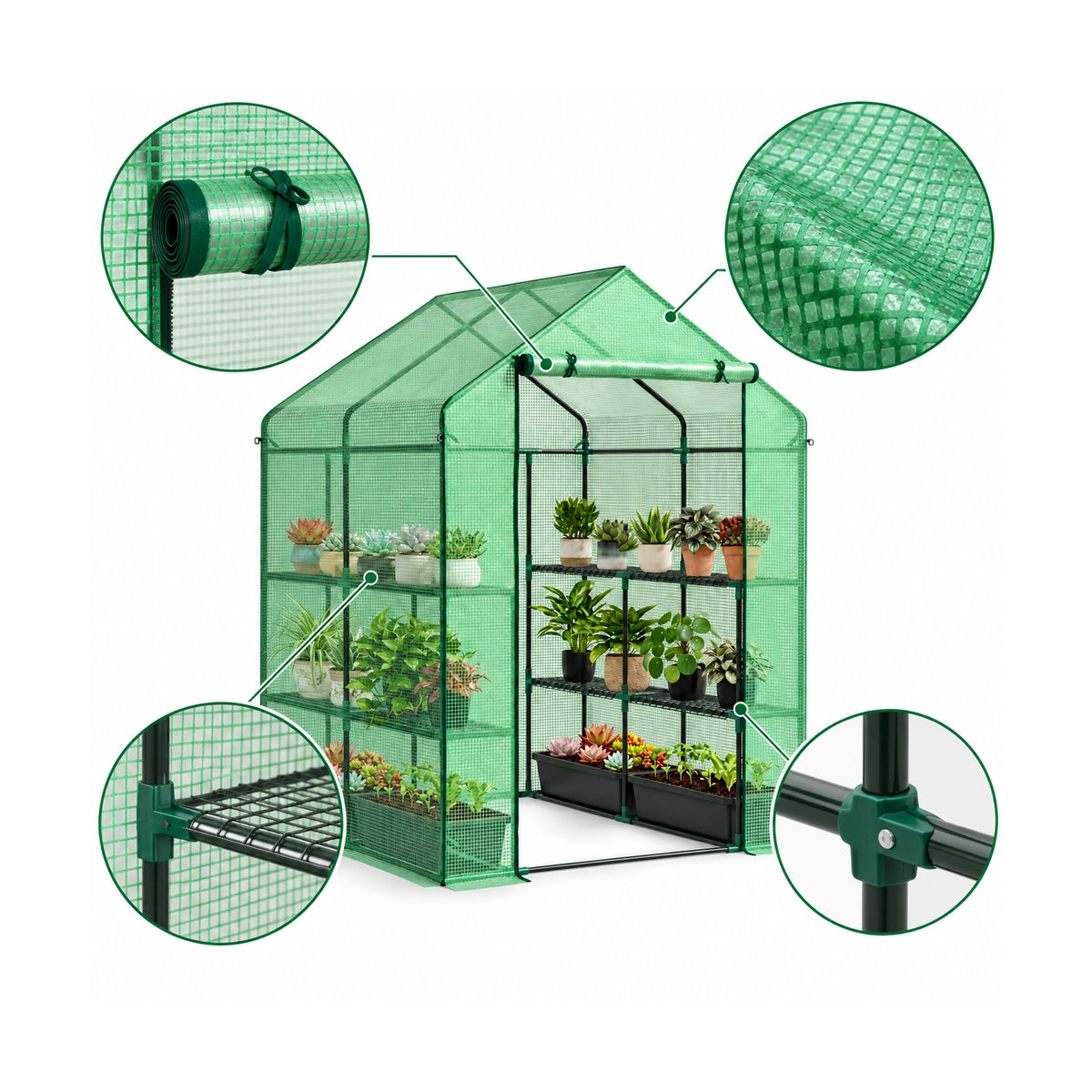 Walk-in greenhouse with shelves – zippered door, cover and shelf details