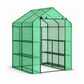 Walk-in greenhouse with shelves – empty shelving and green PE cover