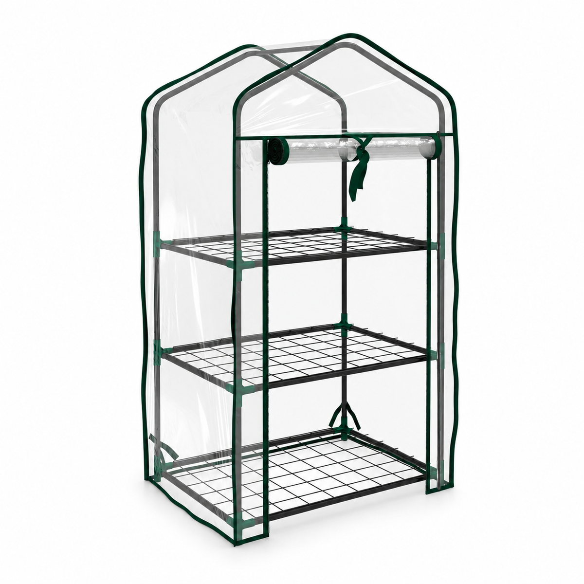 3-tier mini greenhouse with shelves – clear cover and empty metal shelves