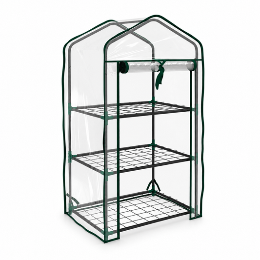 3-tier mini greenhouse with shelves – clear cover and empty metal shelves