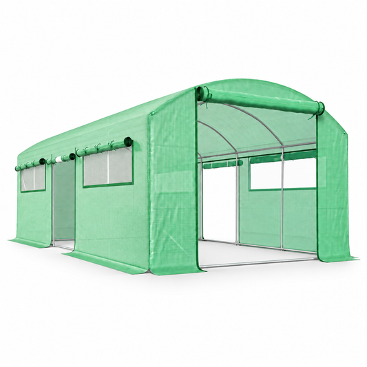Walk-in tunnel greenhouse – empty green greenhouse with roll-up doors