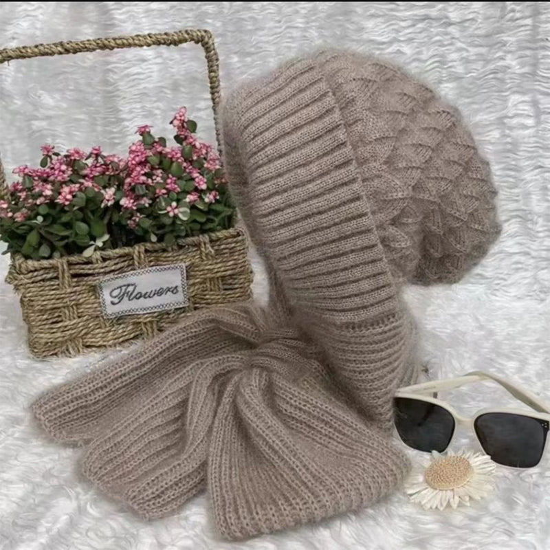 Knitted Winter Hat with Integrated Scarf with 2-in-1 Design