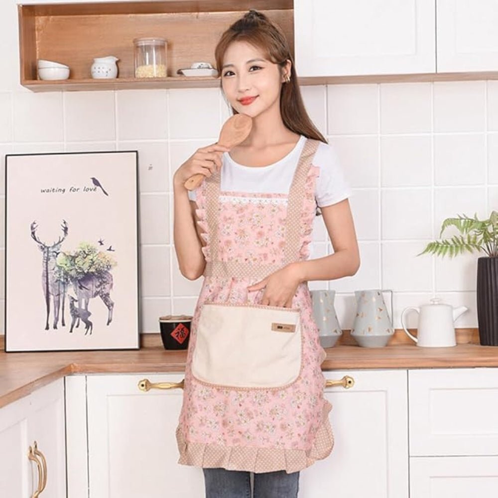 Cotton Kitchen Apron for Women with Floral Pattern and Water-Repellent Finish