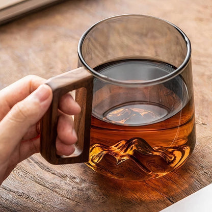 Glass Coffee Mug with Smoked Glass and Walnut Handle