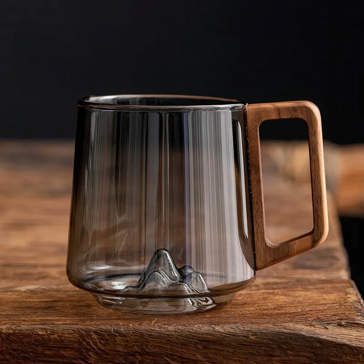 Glass Coffee Mug with Smoked Glass and Walnut Handle