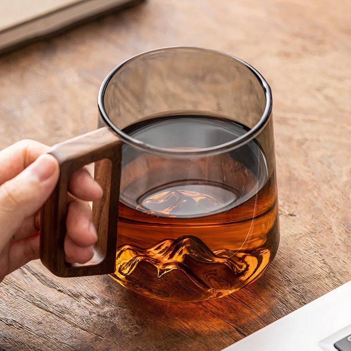 Glass Coffee Mug with Smoked Glass and Walnut Handle