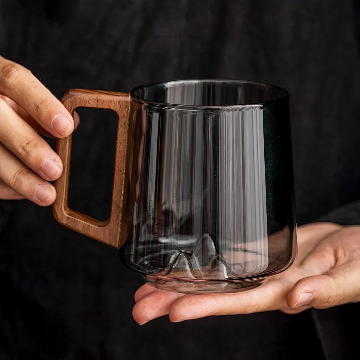 Glass Coffee Mug with Smoked Glass and Walnut Handle